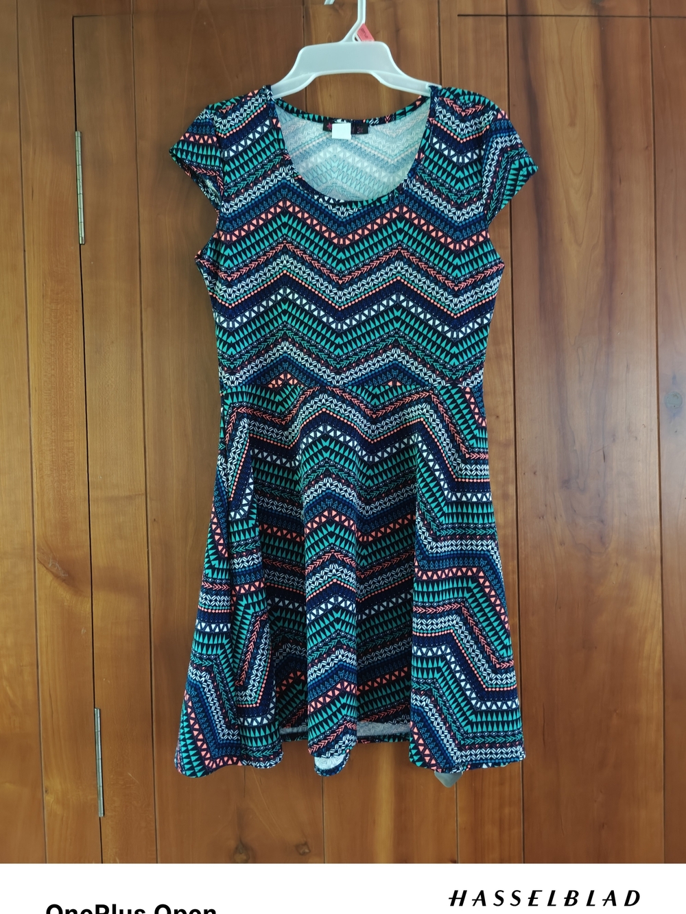 Women’s Chevron Print Fit & Flare Mini Dress in Teal and Coral